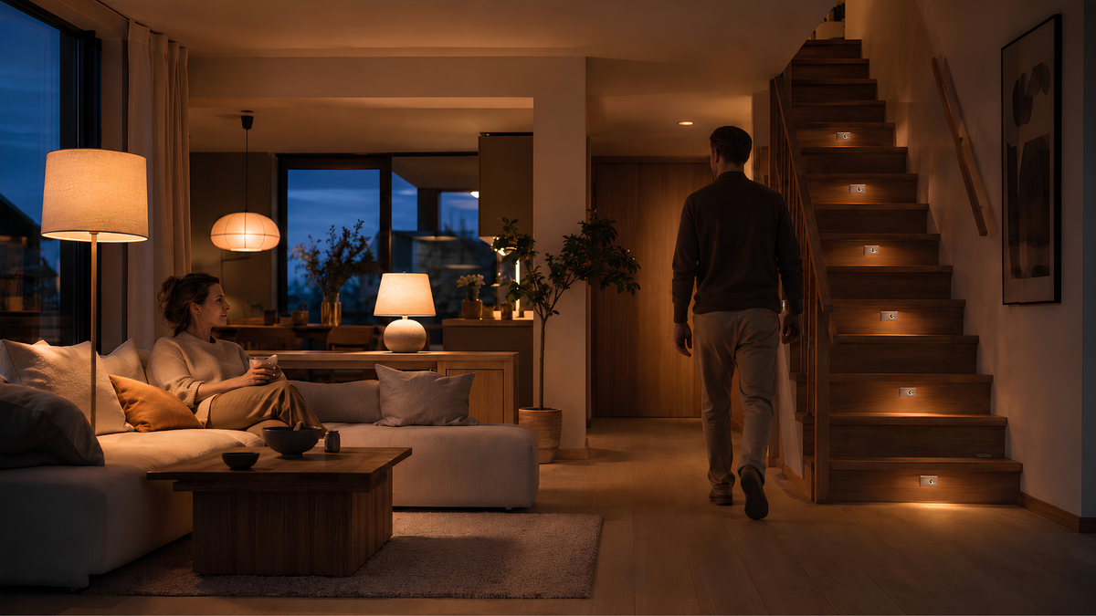 Living room with smart lighting and automatic stair lighting